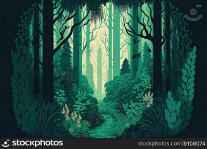 Green Turquoise Fairy Cartoon Forest, Magic Landscape with Trees. Fairytale Flat Cartoon Background. Generative AI. Green Turquoise Fairy Cartoon Forest, Trees Landscape. Generative AI