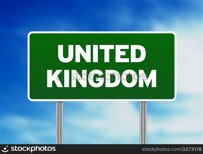 Green United Kingdom highway sign on Cloud Background.
