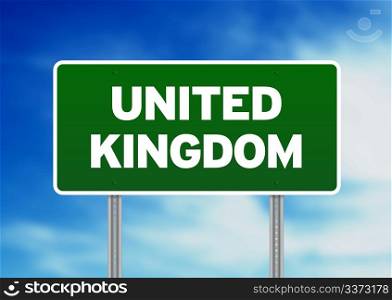 Green United Kingdom highway sign on Cloud Background.