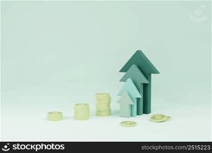 Green upward arrow and coin stacks on light green background with copy space 3D rendering illustration