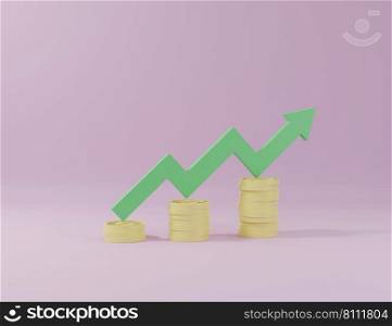 Green upward arrow and coin stacks on pink background with copy space 3D rendering illustration