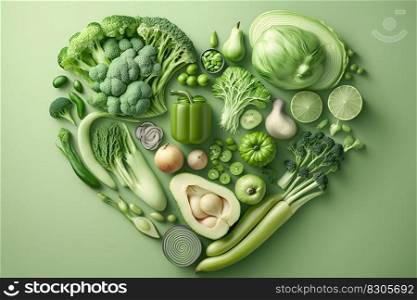 Green vegetables in the shape of a heart. vegan concept. Neural network AI generated art. Green vegetables in the shape of a heart. vegan concept. Neural network AI generated