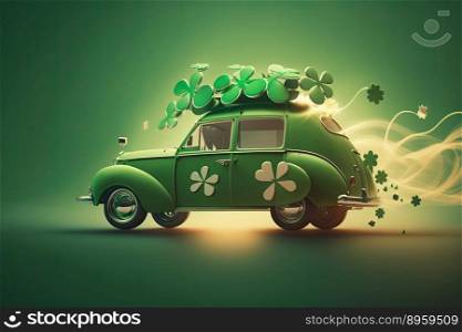 Green vintage car decorated for St. patricks day , transport illustration. Generative AI
