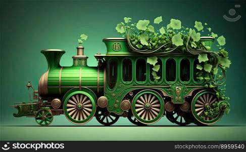 Green vintage train decorated for St. Patricks Day. Generative AI