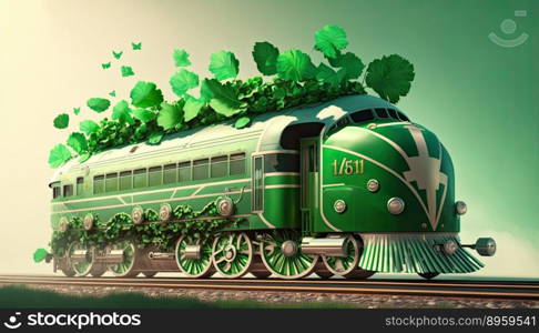 Green vintage train decorated for St. Patricks Day. Generative AI