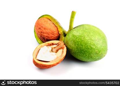 Green walnut and part of fresh nut isolated on white background
