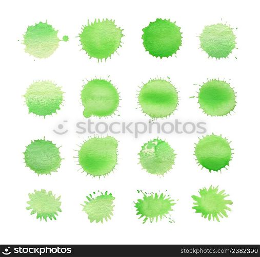Green watercolor design elements isolated on white background. Green watercolor splash. Watercolor paint splash set