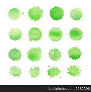 Green watercolor design elements isolated on white background. Green watercolor splash. Watercolor paint splash set