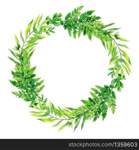 Green watercolor ferns wreath, hand drawn illustration, design template.