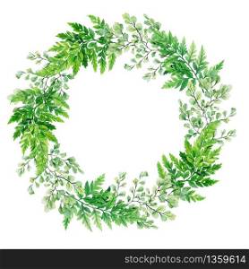 Green watercolor ferns wreath, hand drawn illustration, design template.