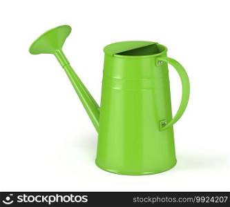 Green watering can on white background
