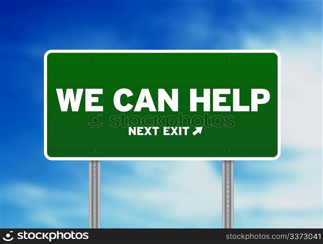 Green we can help highway sign on Cloud Background.