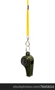green whistle with a compass on a yellow cord