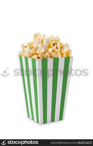 Green white striped carton bucket with tasty cheese popcorn, isolated on white background. Fast food, movies, cinema and entertainment concept.