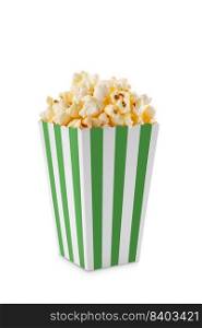Green white striped carton bucket with tasty cheese popcorn, isolated on white background. Fast food, movies, cinema and entertainment concept.