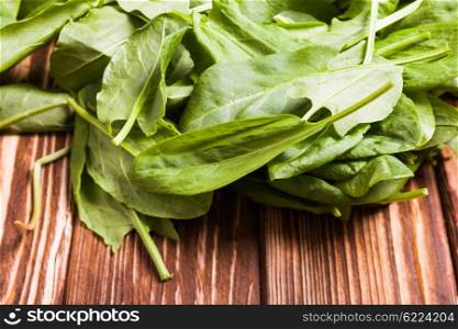 Green whole sorrel leaves on the table. Sorrel in a bowl