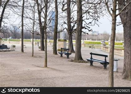green wooden garden benches in Luxembourg Gardens in Paris