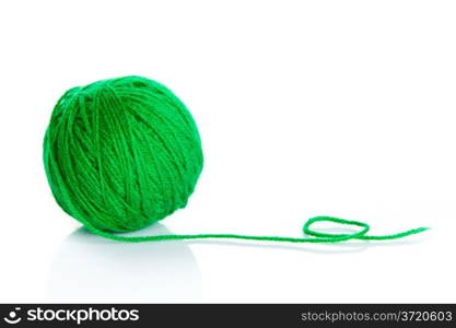Green wool yarn ball isolated on white background