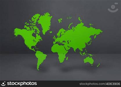 Green world map isolated on black concrete wall background. 3D illustration. Green world map on black concrete wall background. 3D illustration