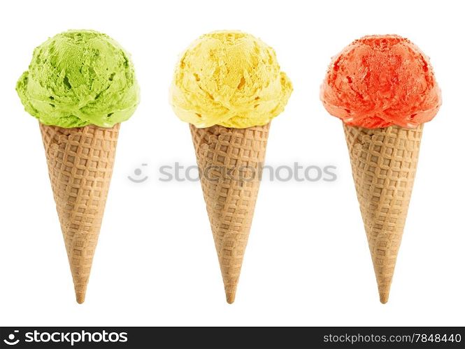 Green, yellow and red Ice cream in the cone on white background with clipping path.