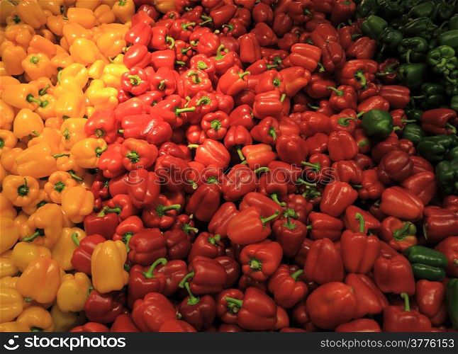 green yellow red bell peppers, variety mix paprika in vegetables market place natural background
