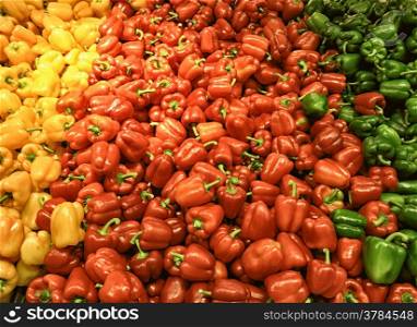 green yellow red bell peppers, variety mix paprika in vegetables market place natural background