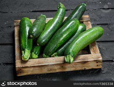 Green zucchini in wooden tray. On black rustic background. Green zucchini in wooden tray.