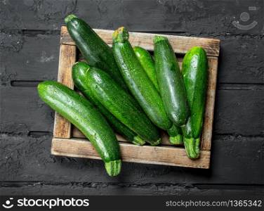 Green zucchini in wooden tray. On black rustic background. Green zucchini in wooden tray.