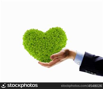 Greenery concept. Image of human hands with plant shaped like heart. Environmental protection
