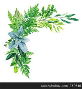 Greenery decorative corner arrangement, composed of fresh green leaves, branches and ferns. Hand drawn watercolor illustration. Design template.