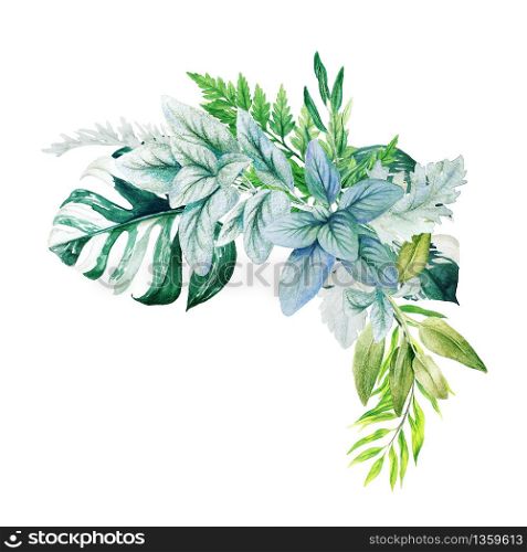 Greenery decorative corner arrangement, composed of fresh green leaves of monstera, branches and ferns. Hand drawn watercolor illustration. Design template.