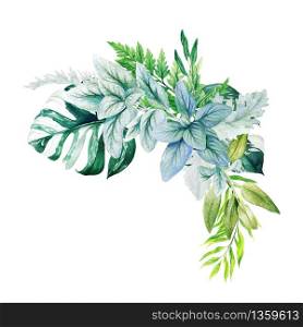Greenery decorative corner arrangement, composed of fresh green leaves of monstera, branches and ferns. Hand drawn watercolor illustration. Design template.