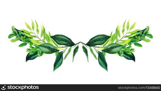 Greenery symmetrical decorative bouquet, composed of fresh green leaves and branches. Hand drawn vector watercolor illustration. Design template.