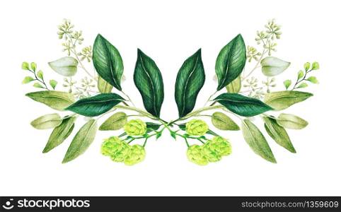 Greenery symmetrical decorative bouquet, composed of fresh green leaves and branches. Hand drawn watercolor illustration. Design template.