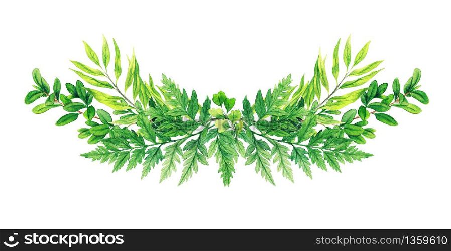 Greenery symmetrical decorative bouquet, composed of fresh green leaves and ferns. Hand drawn watercolor illustration. Design template.