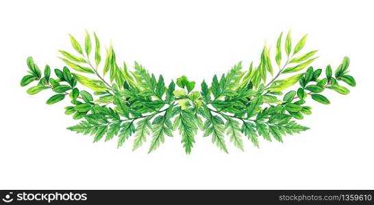 Greenery symmetrical decorative bouquet, composed of fresh green leaves and ferns. Hand drawn watercolor illustration. Design template.
