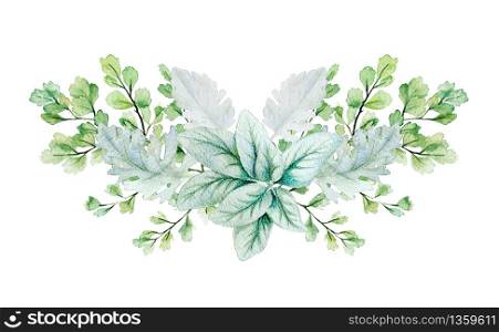 Greenery symmetrical decorative bouquet, composed of lamb ear leaves and adiantum. Hand drawn watercolor illustration. Design template.