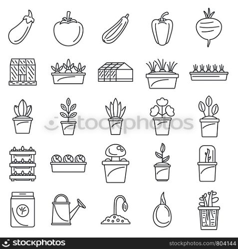 Greenhouse plant icon set. Outline set of greenhouse plant vector icons for web design isolated on white background. Greenhouse plant icon set, outline style
