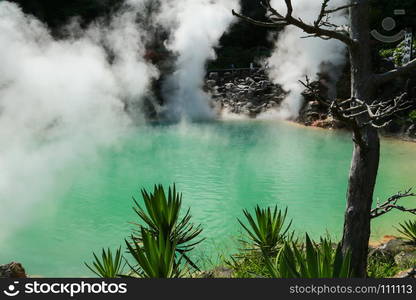 Greenish blue hot spring called Umi Jigoku, sea hell, in Beppu, Oita, Japan