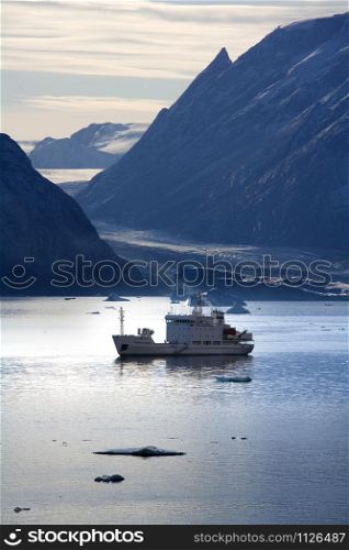 Greenland. 09.21.07. The tourist icebreaker MV Grigoriy Mikheev in Northwest Fjord in Scoresbysund in eastern Greenland