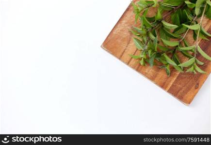 greens, culinary and ethnoscience concept - bunch of fresh peppermint on wooden cutting board. bunch of fresh peppermint on wooden cutting board