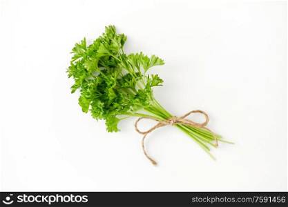 greens, culinary and ethnoscience concept - bunch of parsley on white background. bunch of parsley on white background