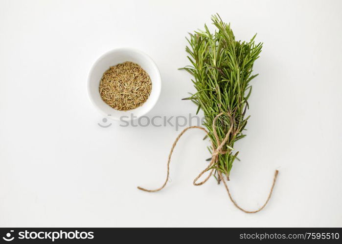 greens, culinary and flavoring concept - bunch of fresh rosemary herb and dry seasoning in cup on white background. fresh and dry rosemary on white background