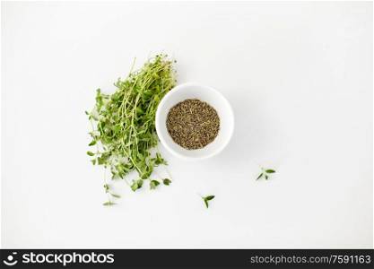 greens, culinary and flavoring concept - bunch of fresh thyme herb and dry seasoning in cup on white background. fresh thyme and dry seasoning on white background