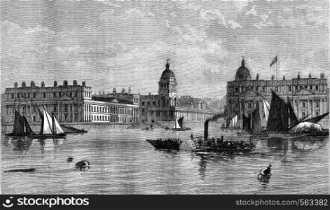 Greenwich Hospital, View from the Thames, vintage engraved illustration. Magasin Pittoresque 1869.