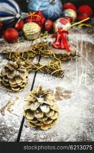 Greeting card for Christmas. Christmas composition with pine cones and ornaments