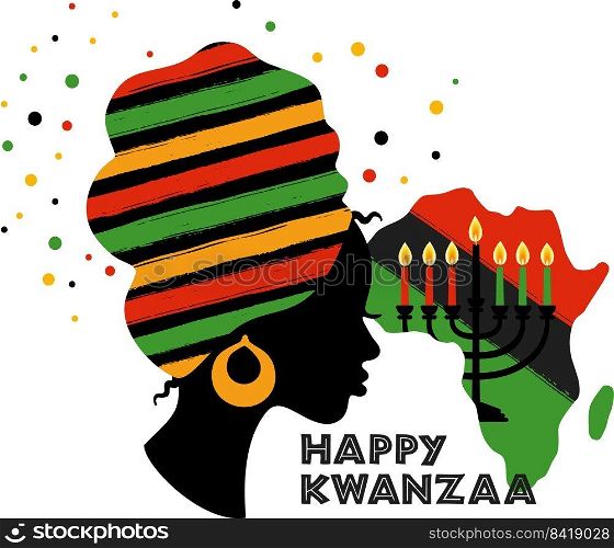 Greeting card for Kwanzaa with African women. Vector illustration. Happy Kwanzaa decorative greeting card. seven kwanzaa candles.