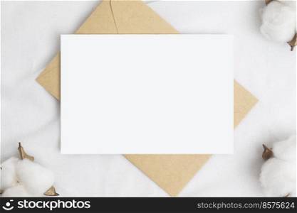 Greeting card mockup with Cotton flower and craft envelop, Wedding cards. Birthday card  Mockup for Template