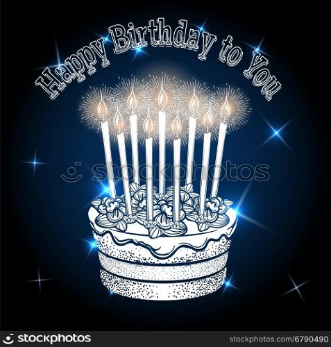 Greeting card with birthday cake. Greeting card template with hand drawn birthday cake and shining elements. Vector illustration