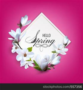 Greeting card with magnolia flowers, wedding booklet with decoration flowers. Hello srping
